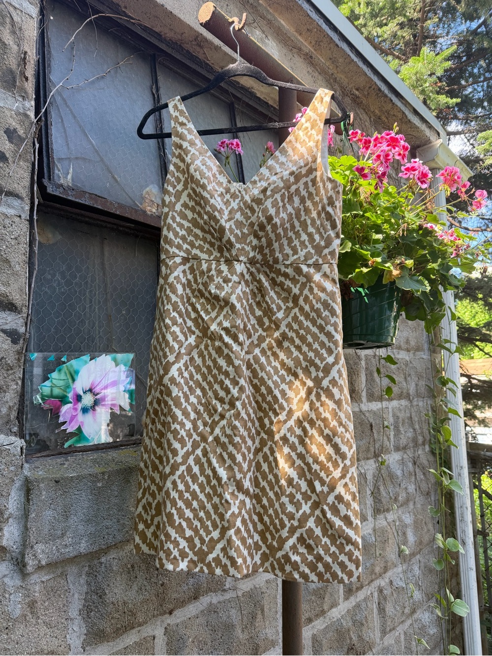 J. Crew Tan and White Patterned Sleeveless V-Neck Dress